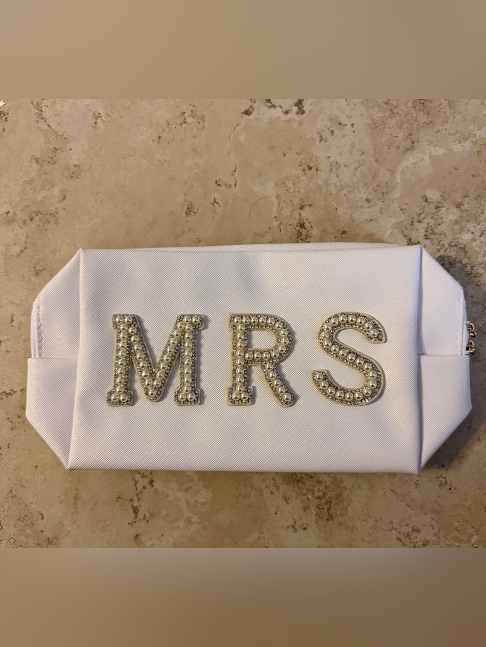New Pearl-Embellished 'MRS' Letters Patch - Silver Pearls Makeup Bag